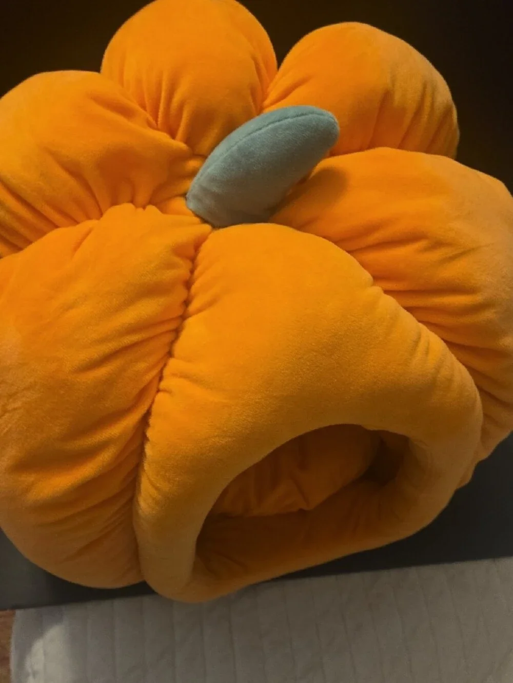 Plush Orange Pumpkin-Shaped Cat Bed With Removable Pillow.